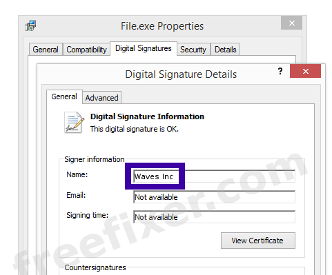 Screenshot of the Waves Inc certificate